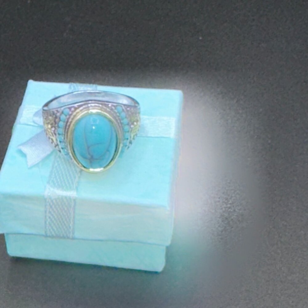 Turquoise Color Ring With Gold & Silver-Tone Intricate Design Unisex - Picture 14 of 17
